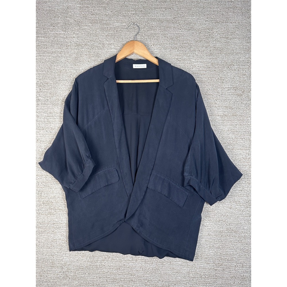 Whistles Navy Blue 100% Silk Batwing Open Front Jacket Blazer US 6 S10S/JI540